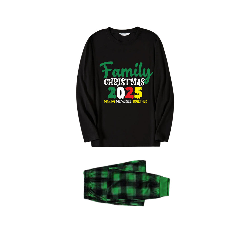 WW | Christmas Family Matching Pajamas - Black Top and Green Plaid Pants Pjs Set with "Family Christmas 2025" Slogan Print
