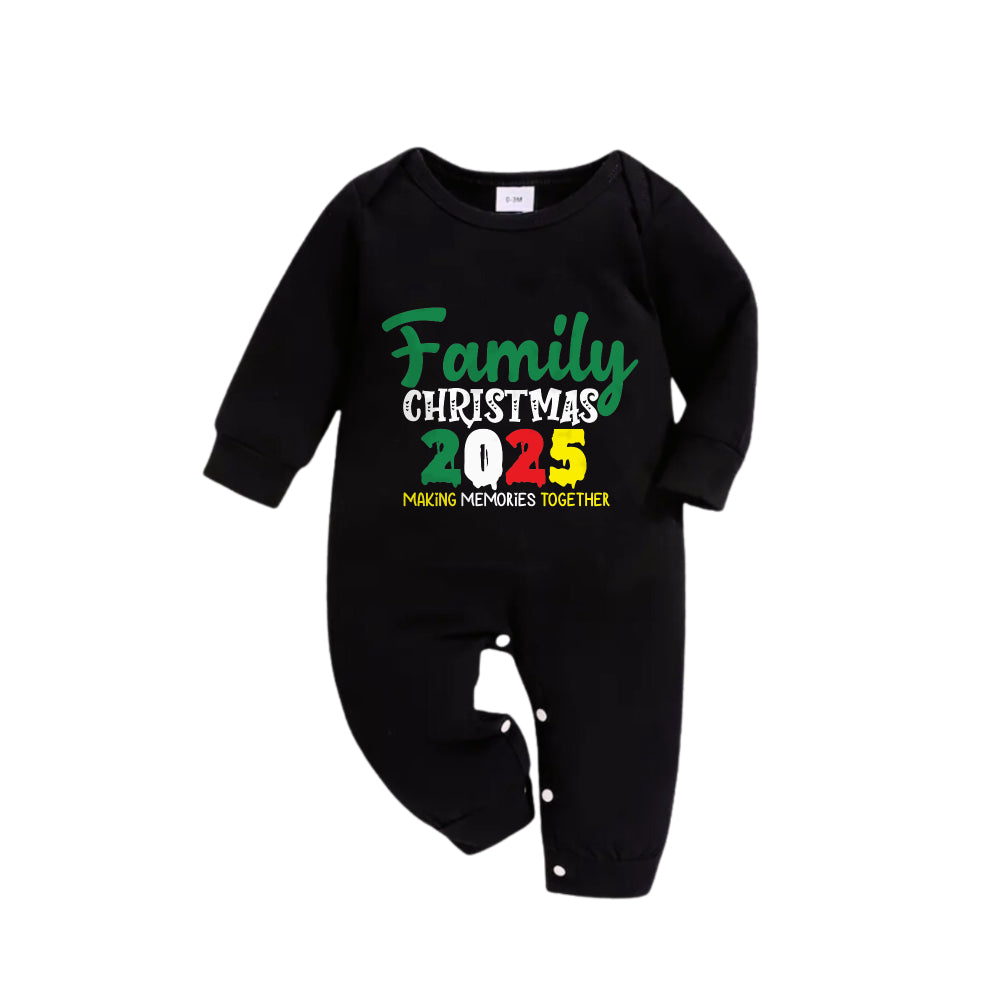 WW | Christmas Family Matching Pajamas - Black Top and Green Plaid Pants Pjs Set with "Family Christmas 2025" Slogan Print