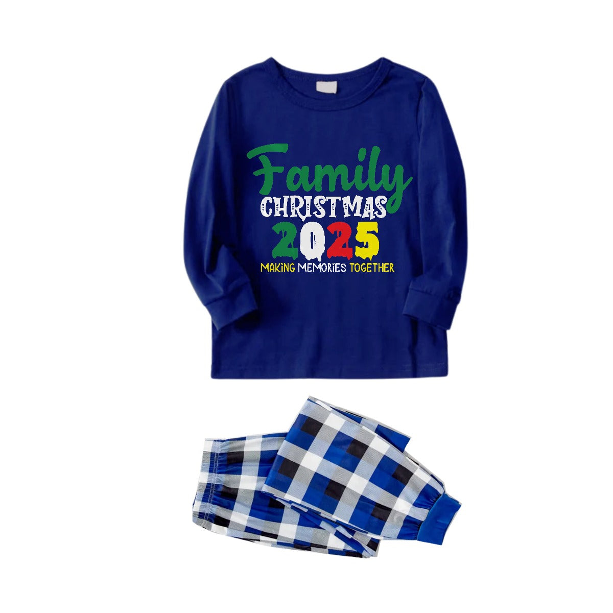 WW | Christmas Family Matching Pajamas - Navy & White Plaid Pj Set with "Family Christmas 2025" Slogan Print
