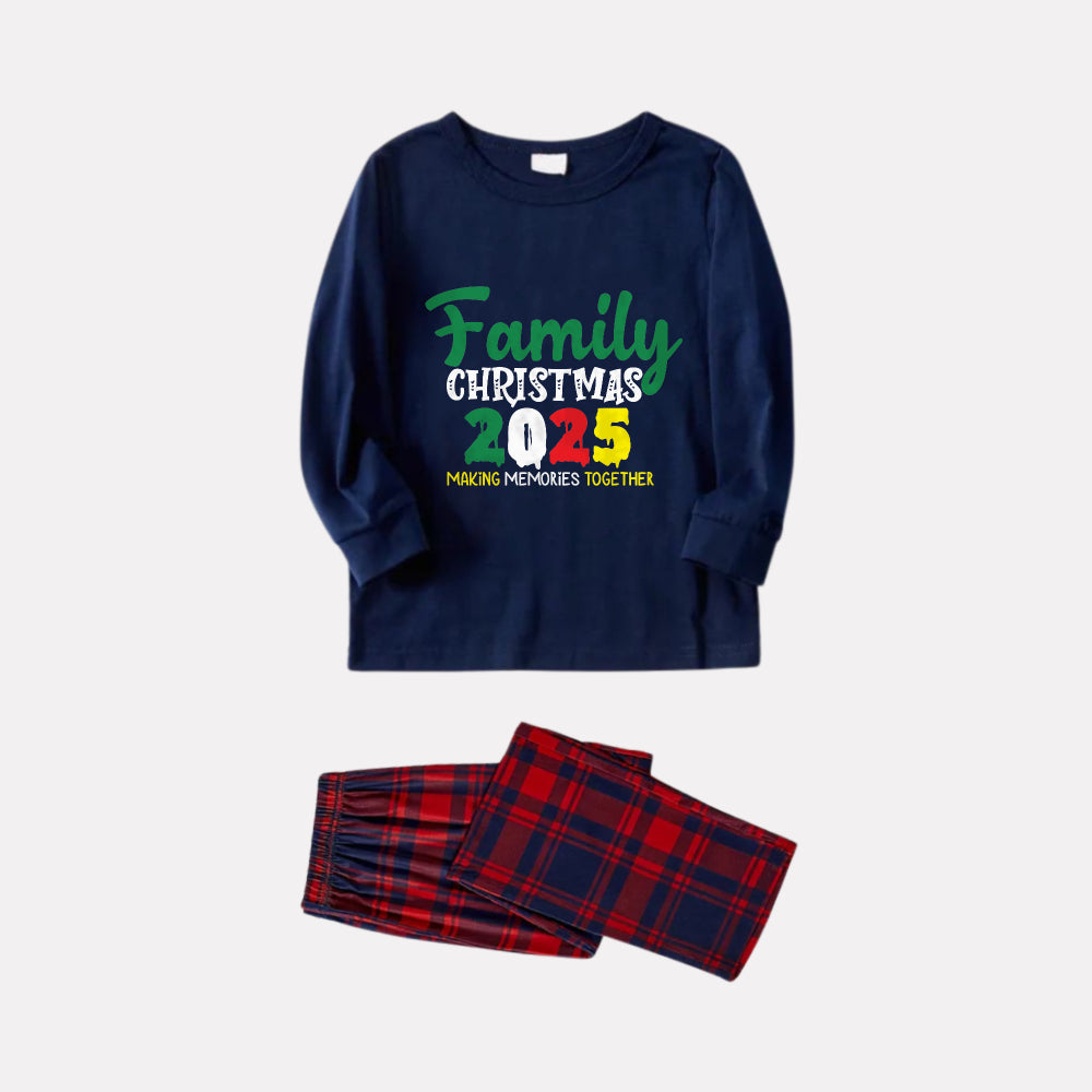 WW | Christmas Family Matching Pajamas - Navy & Red Plaid PJs Set with "Family Christmas 2025" Text Print