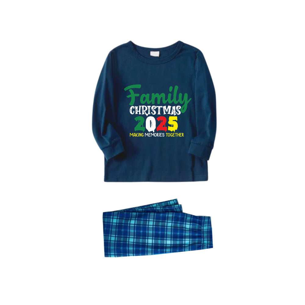 WW | Christmas Family Matching Pajamas - Navy & Sky Blue Plaid PJs Set with "Family Christmas 2025" Colorful Slogan Print