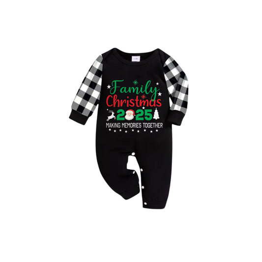WW | Black and White Plaid Short Sleeve Christmas Pajama Set with Festive Pattern and Typographic Design