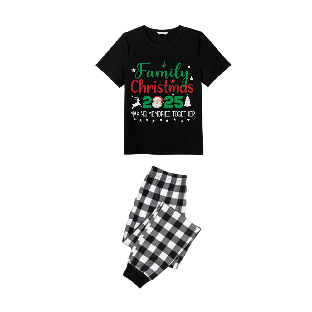 WW | Schwarz-weiß kariertes Kurzarm-Weihnachtspyjama-Set mit festlichem Muster und typografischem Design