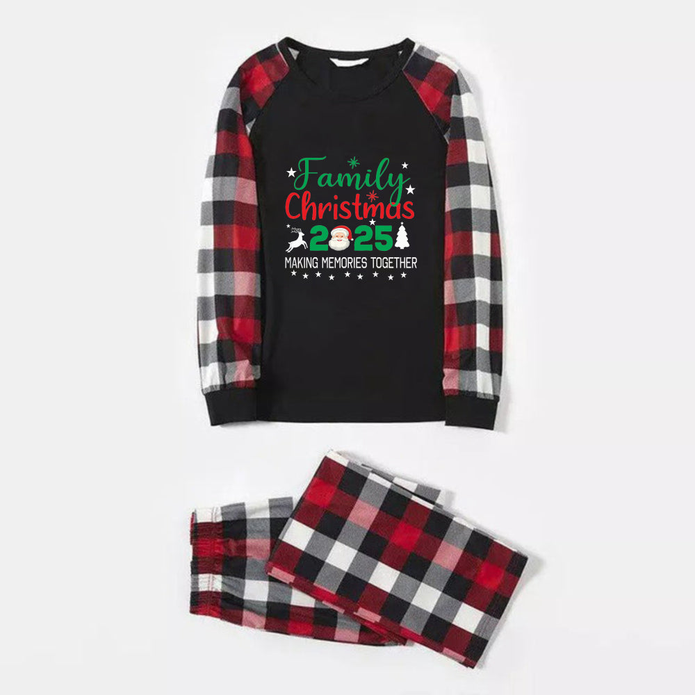 WW | Christmas Family Pajama Set in Red and Grey Plaid with "Family Christmas 2025" and Santa Pattern Colorful Print