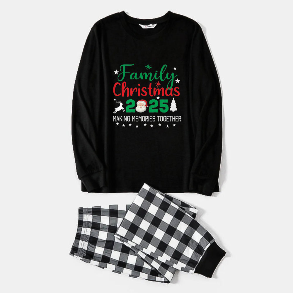 WW | Black and White Plaid Christmas Pyjama Set with Santa and "Family Christmas 2025 Creating Memories Together" Festive Colorful Text Print