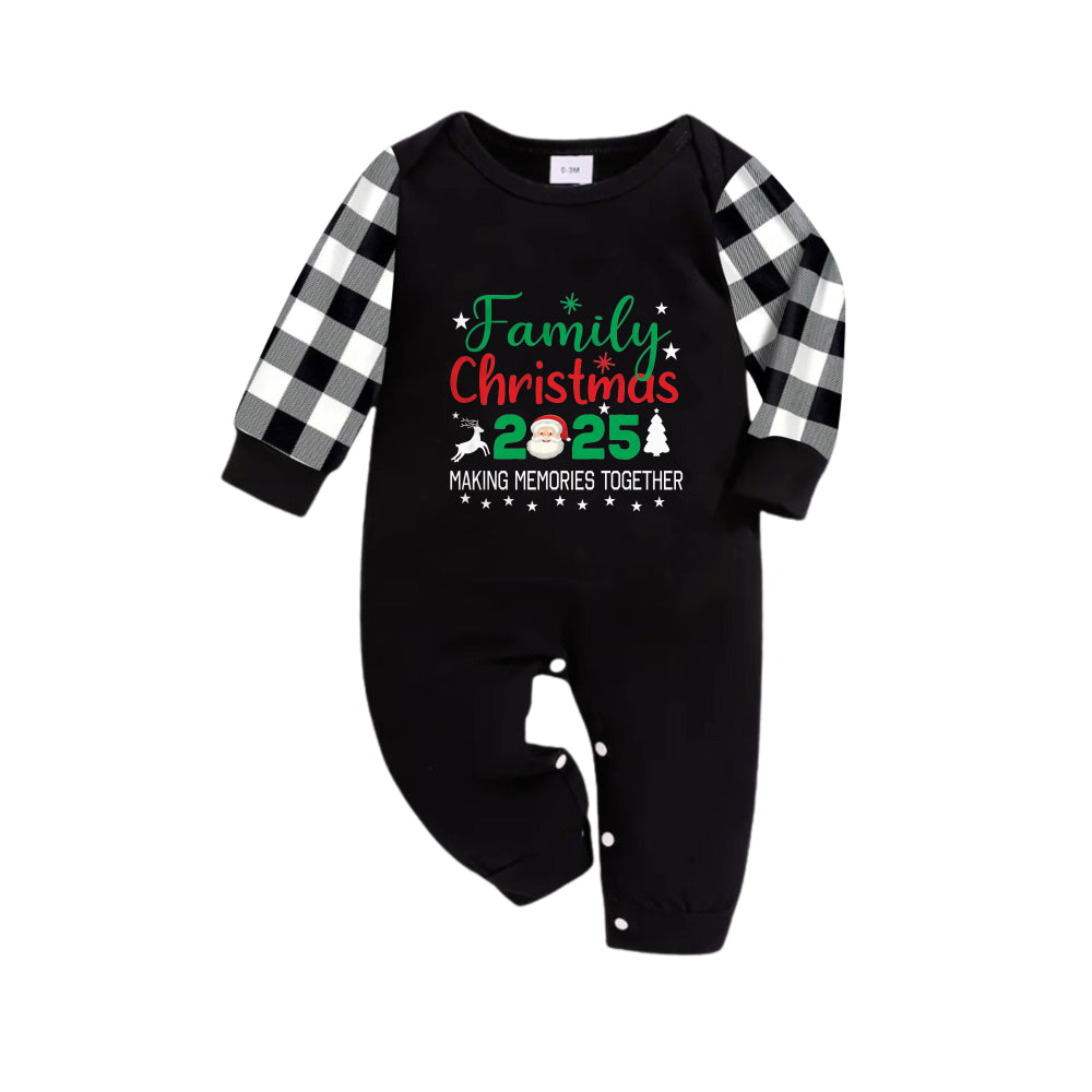 WW | Black and White Plaid Christmas Pyjama Set with Santa and "Family Christmas 2025 Creating Memories Together" Festive Colorful Text Print