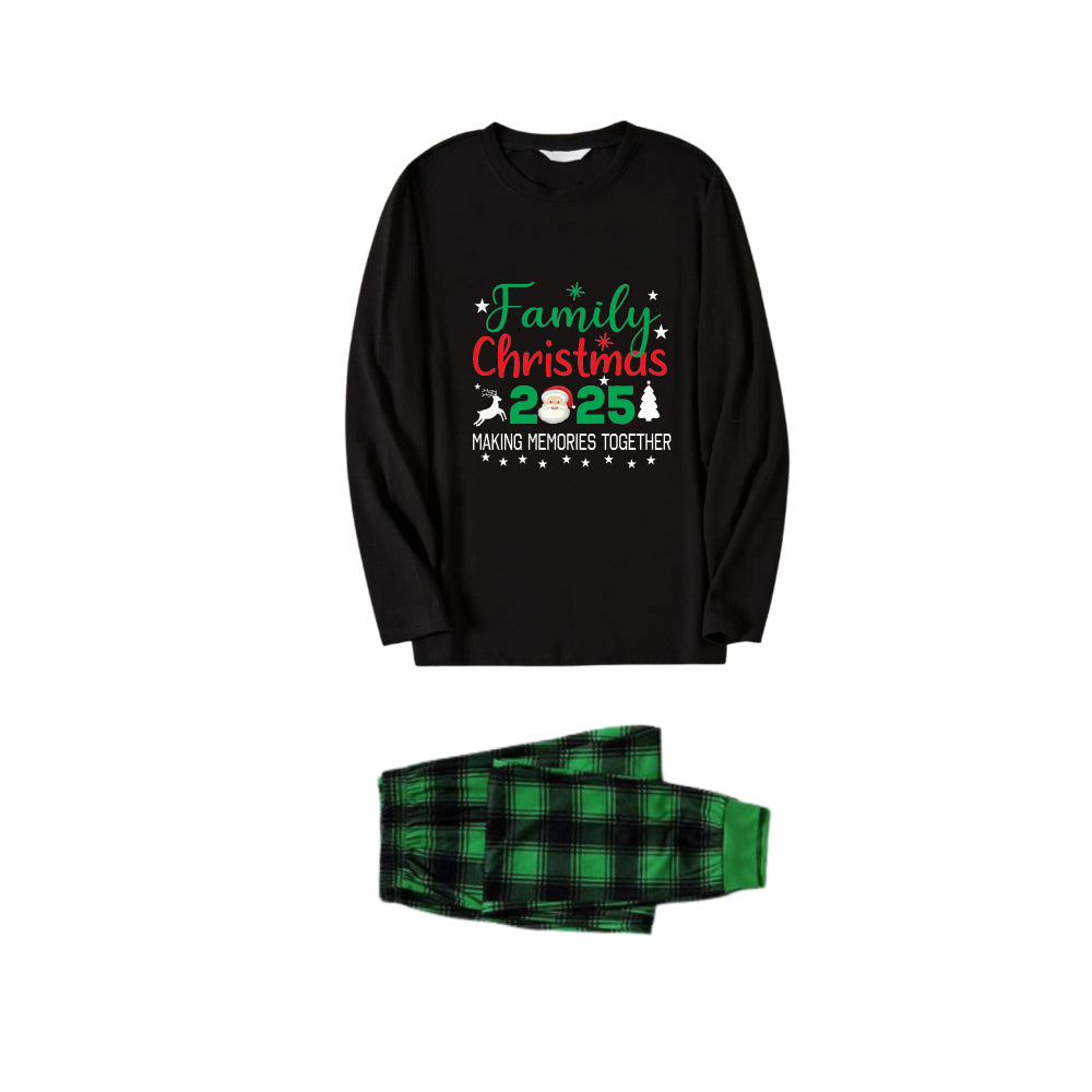WW | Christmas Family Matching Pajamas - Black Top and Green Plaid Pants PJs Set with "Family Christmas 2025" and Santa Claus Pattern Print