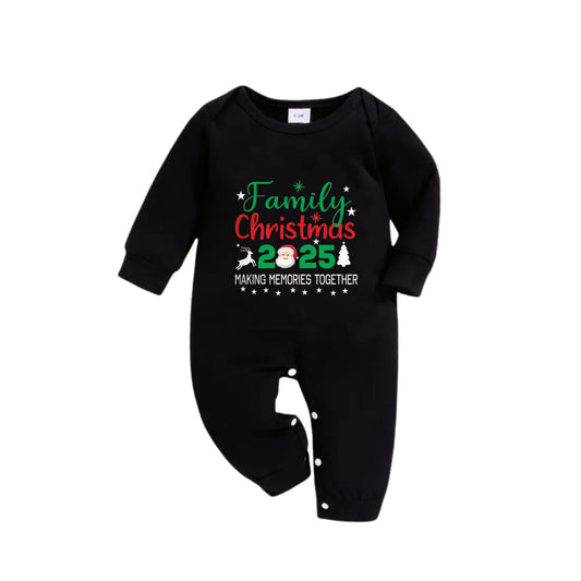 WW | Christmas Family Matching Pajamas - Black Top and Green Plaid Pants PJs Set with "Family Christmas 2025" and Santa Claus Pattern Print