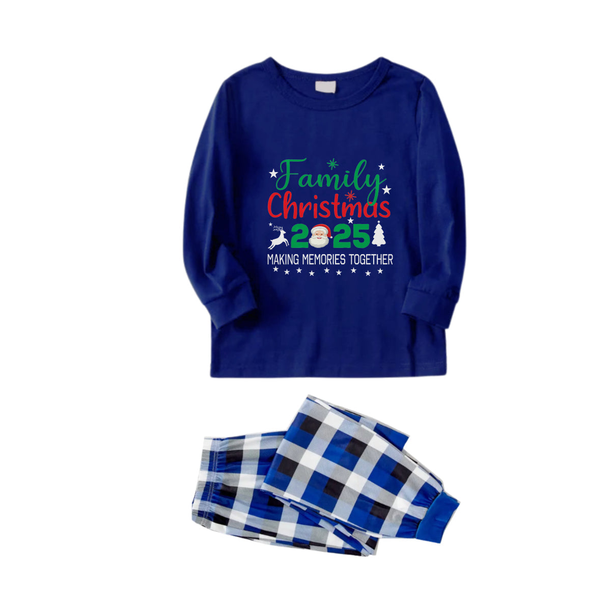 WW | Christmas Family Matching Pajamas - Navy & White Checkered Pj Set with "Family Christmas 2025" and Santa Pattern Print