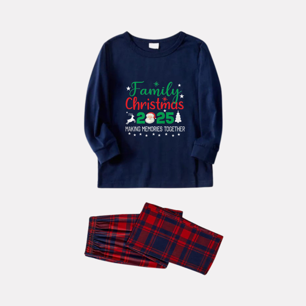 WW | Christmas Family Matching Pajamas - Navy & Red Plaid PJs Set with "Family Christmas 2025" and Santa Pattern Print
