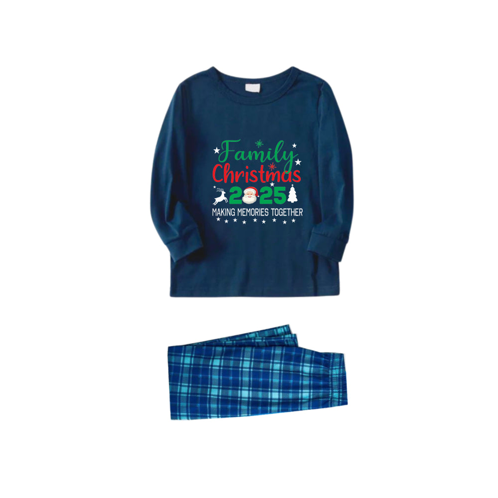 WW | Christmas Family Pajama Set - Navy & Sky Blue Plaid with "Family Christmas 2025" and Santa Pattern Print