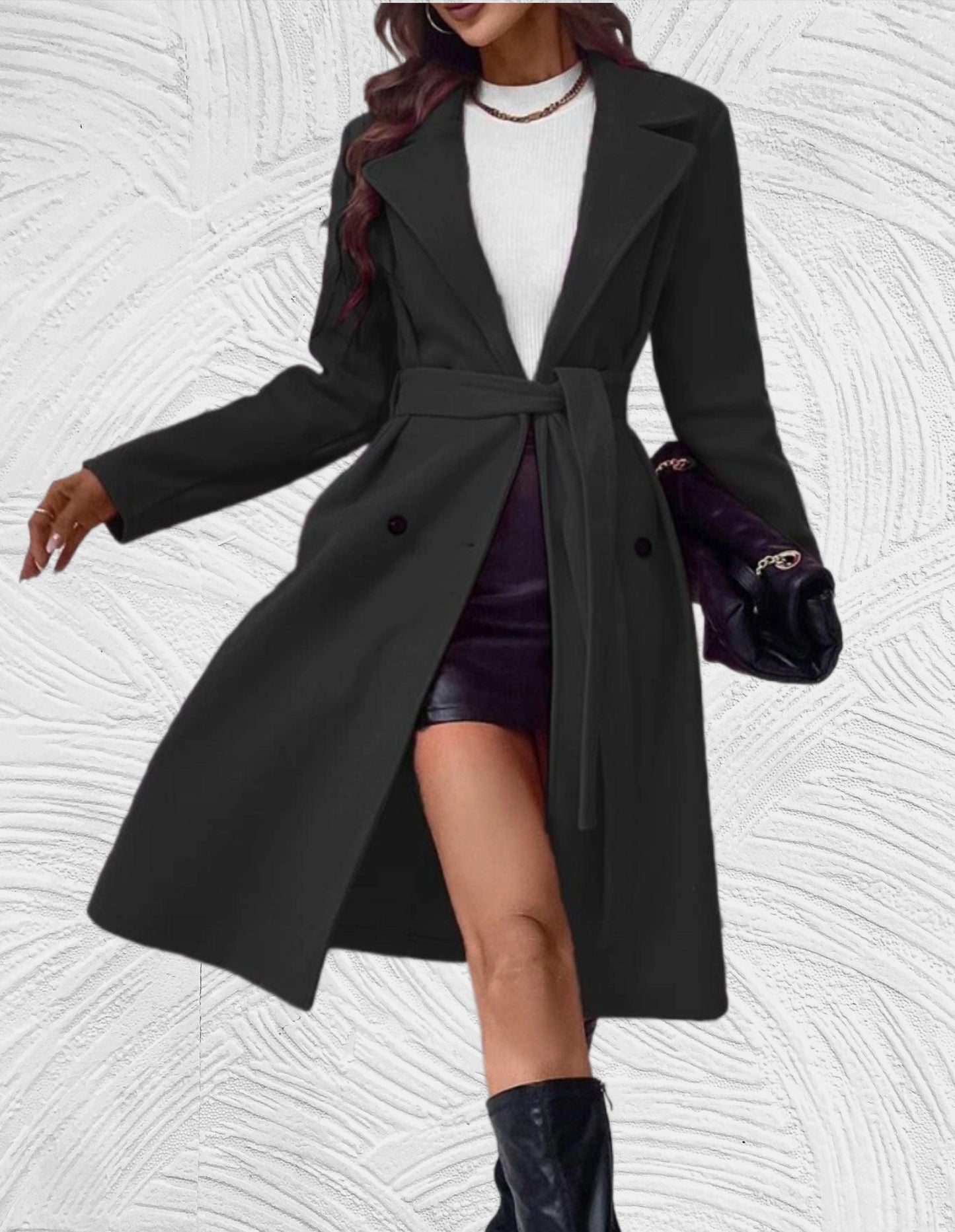 WW | Long and Oversized Coat with Button Closure, Chest Pockets, and Tie Belt