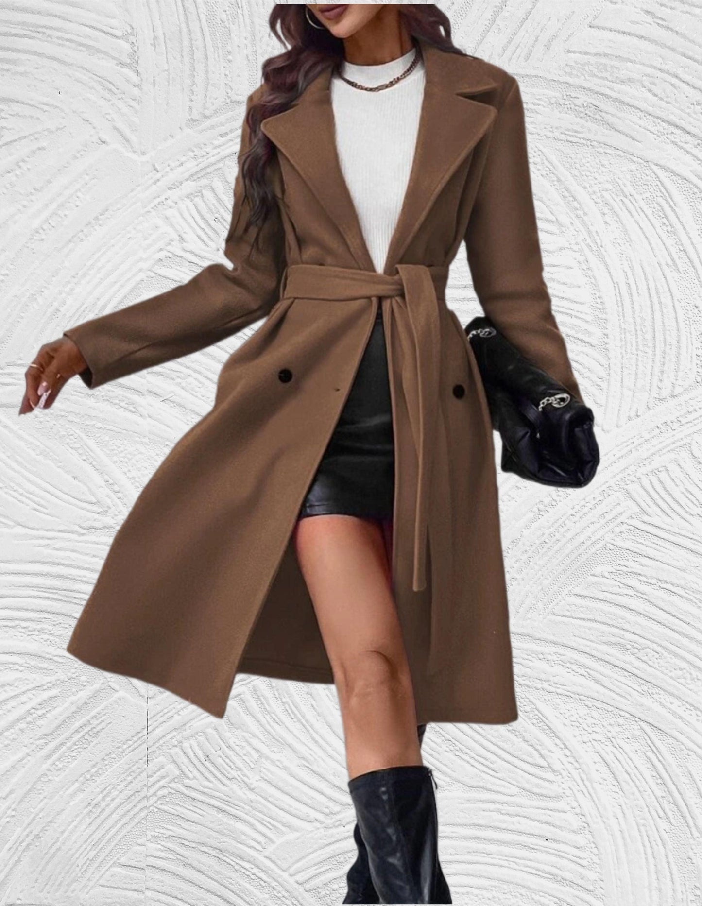 WW | Long and Oversized Coat with Button Closure, Chest Pockets, and Tie Belt