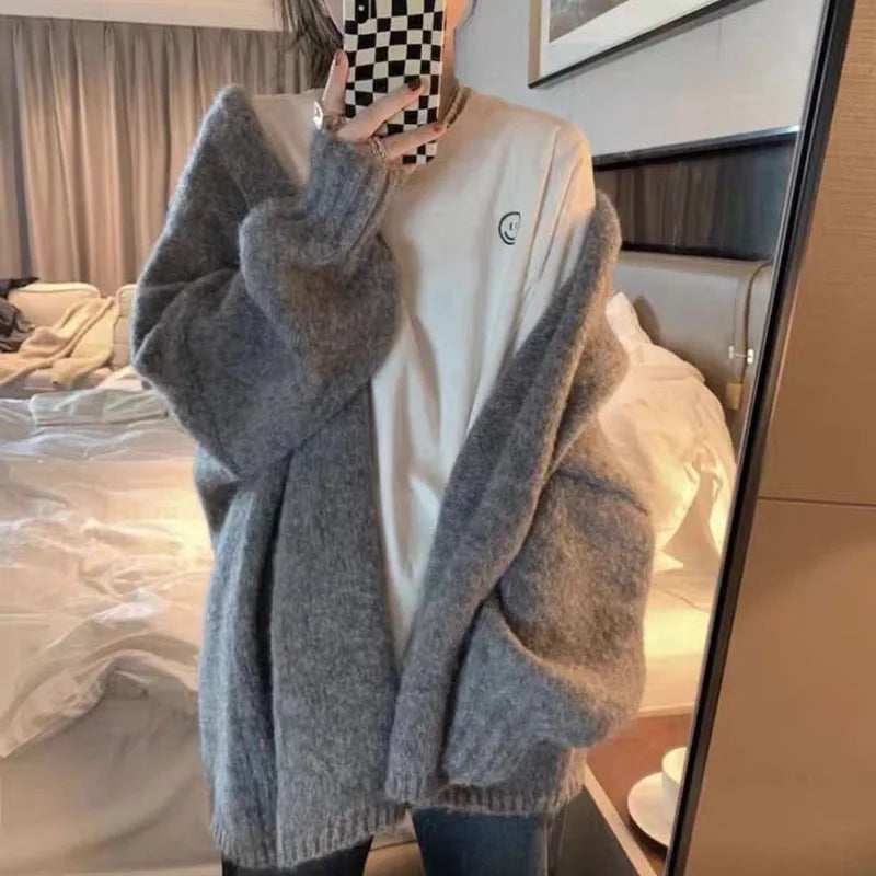 WW | Strickjacke Übergroß Fit V-Ausschnitt Offene Vorderseite Lange Ärmel