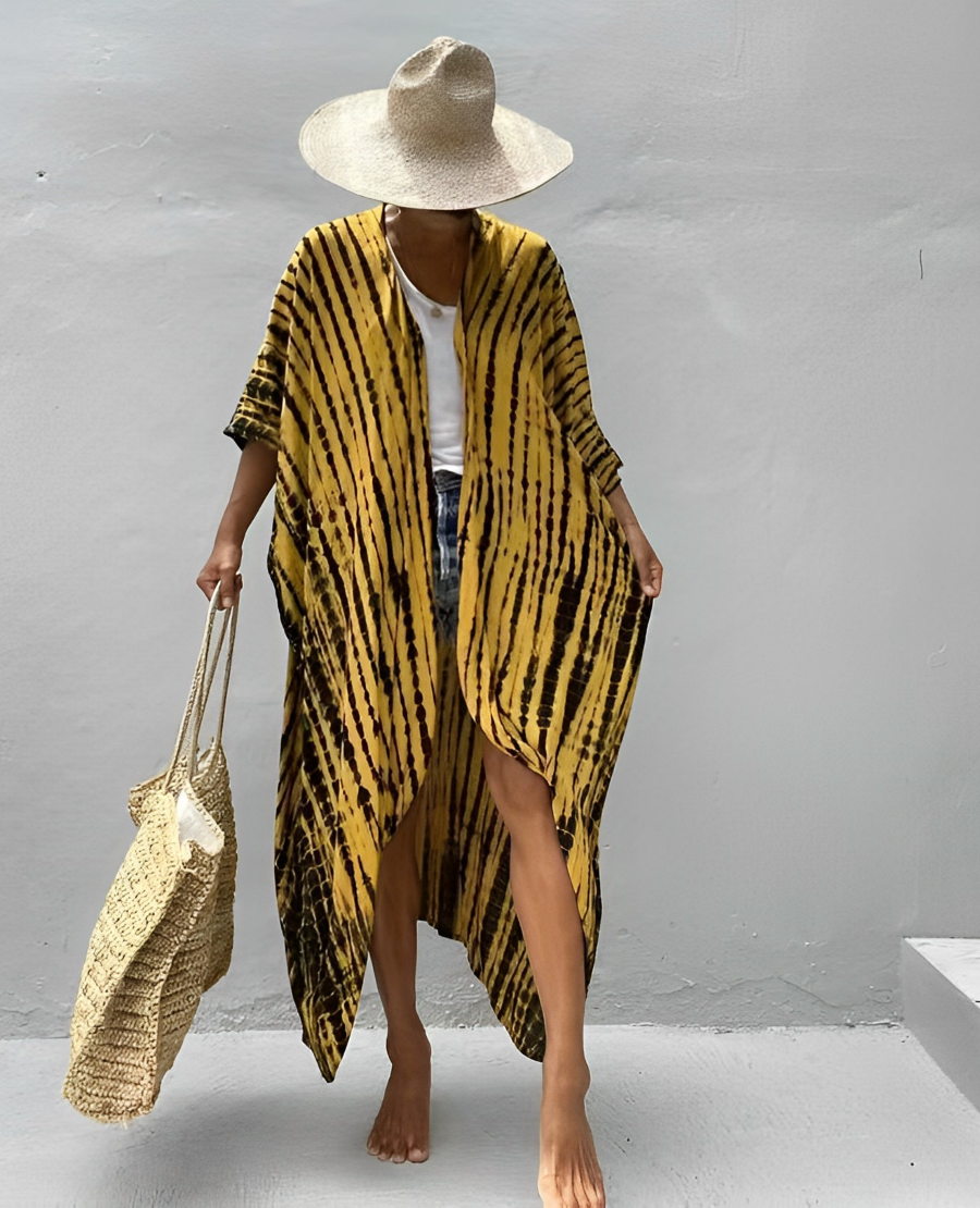 WW Retro Kimono | Langer, gemusterter Strandkimono mit Gürtel für Damen