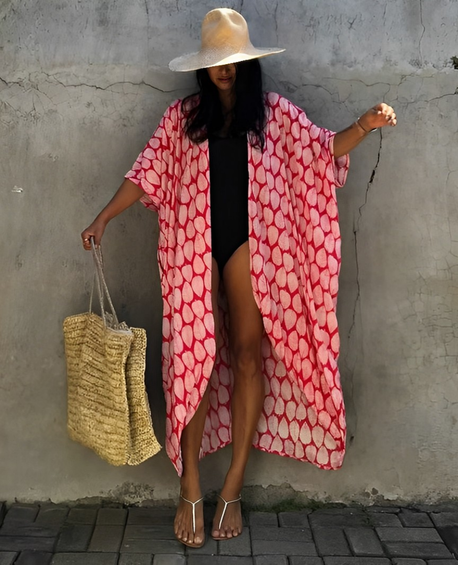 WW Retro Kimono | Langer, gemusterter Strandkimono mit Gürtel für Damen
