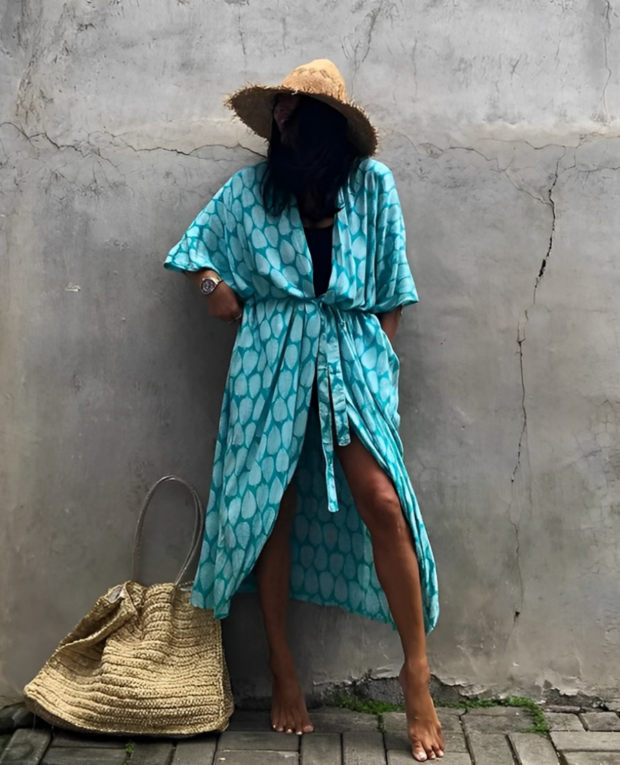 WW Retro Kimono | Langer, gemusterter Strandkimono mit Gürtel für Damen