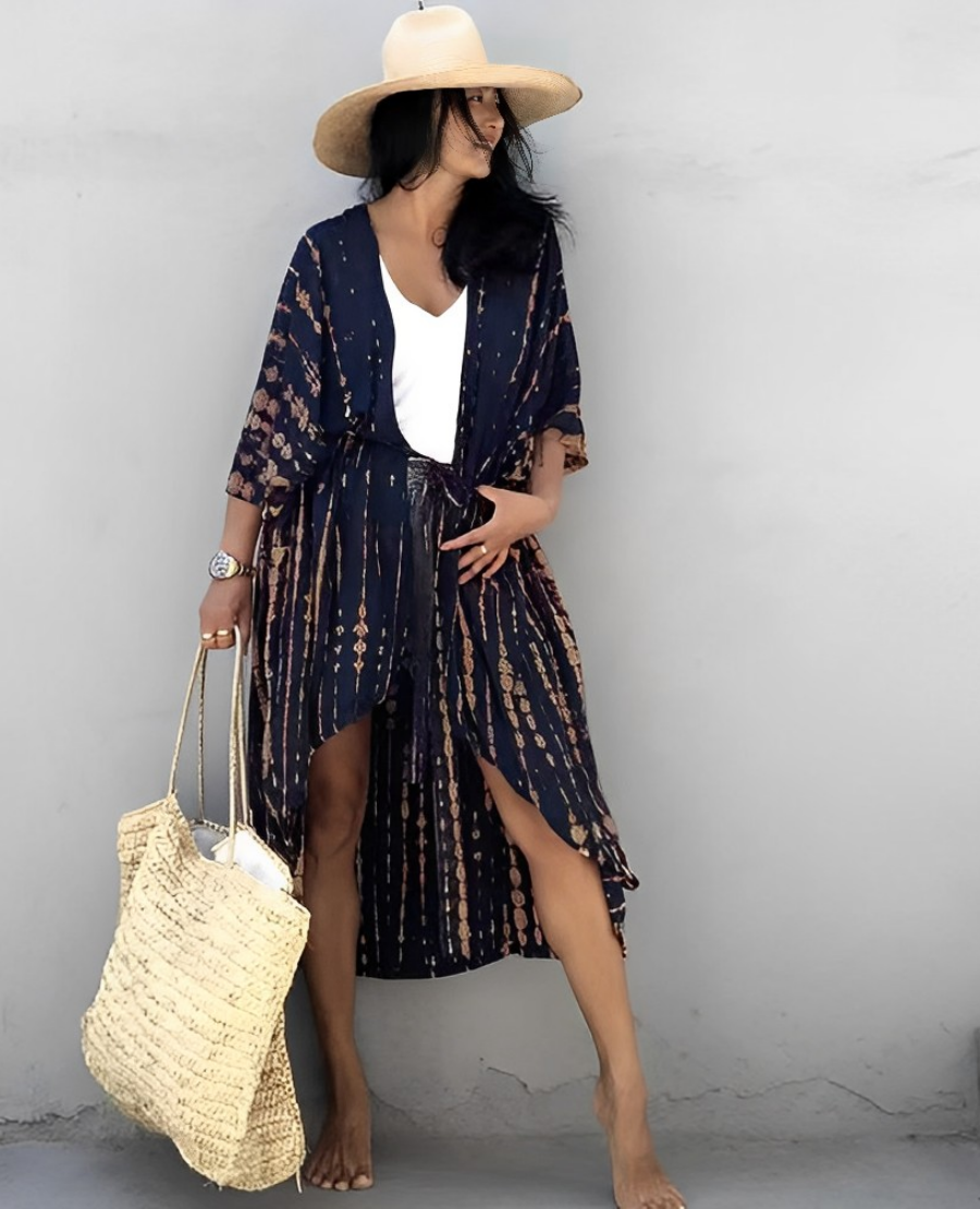 WW Retro Kimono | Langer, gemusterter Strandkimono mit Gürtel für Damen