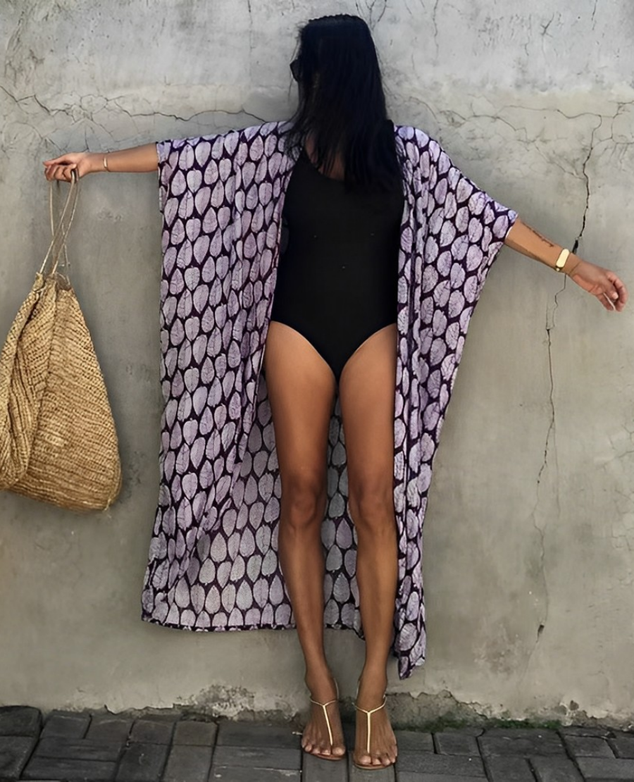 WW Retro Kimono | Langer, gemusterter Strandkimono mit Gürtel für Damen
