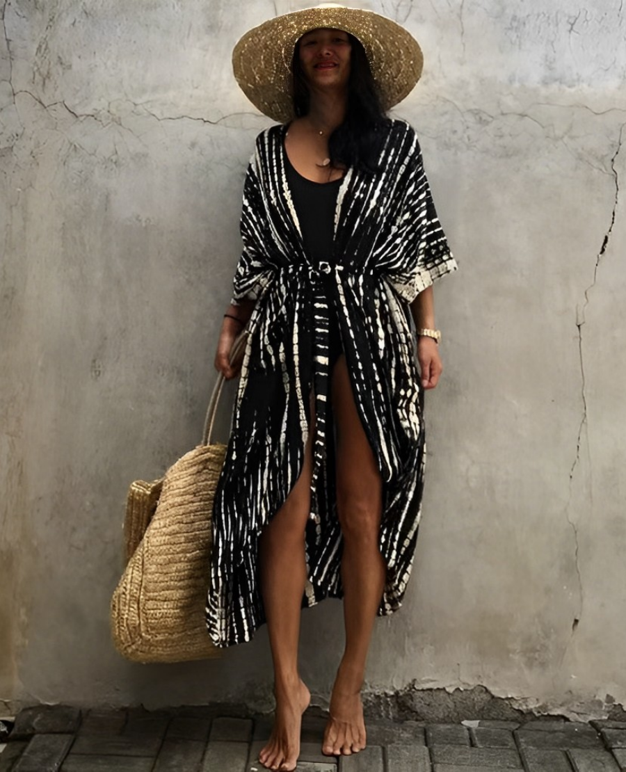 WW Retro Kimono | Langer, gemusterter Strandkimono mit Gürtel für Damen