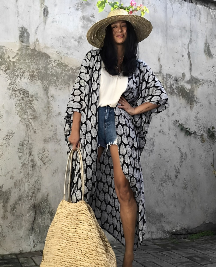 WW Retro Kimono | Langer, gemusterter Strandkimono mit Gürtel für Damen