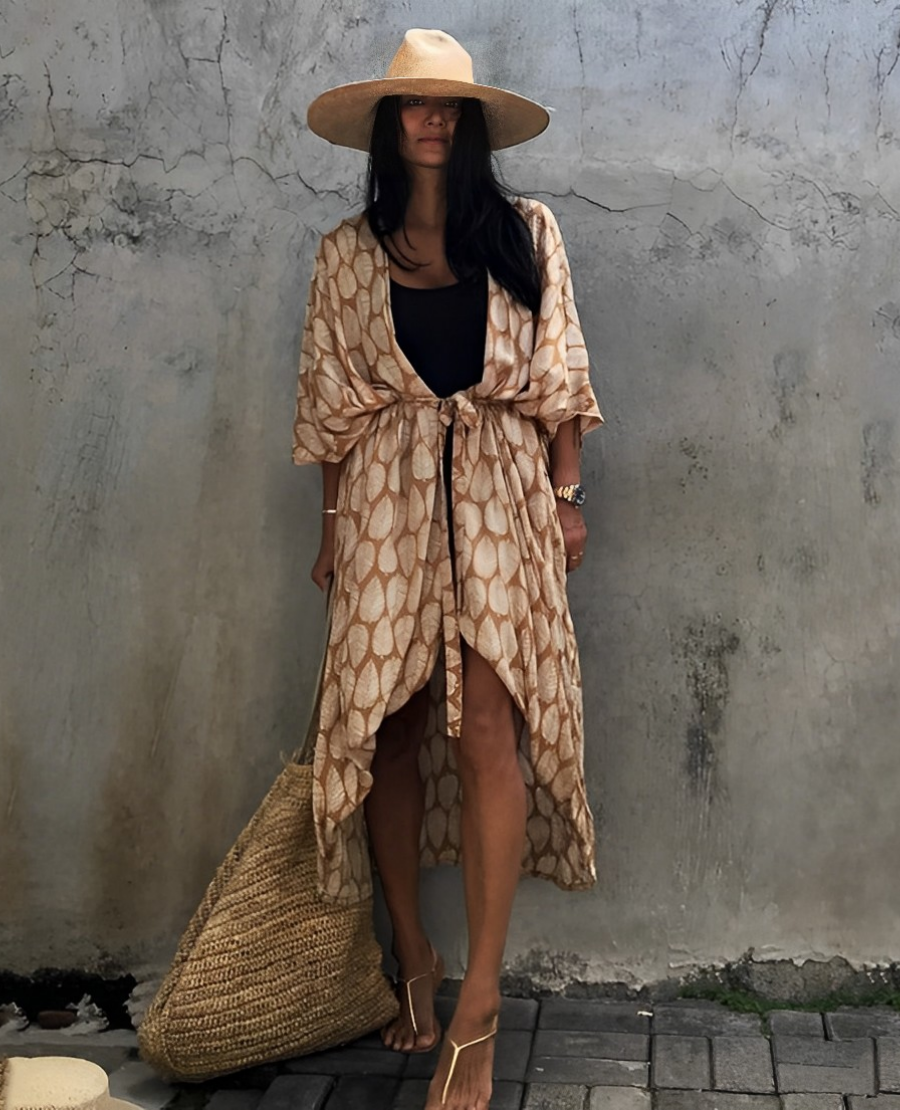 WW Retro Kimono | Langer, gemusterter Strandkimono mit Gürtel für Damen