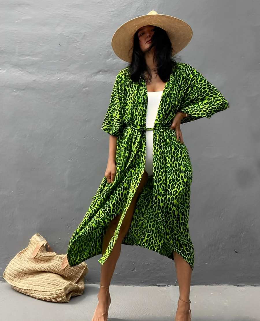 WW Retro Kimono | Langer, gemusterter Strandkimono mit Gürtel für Damen