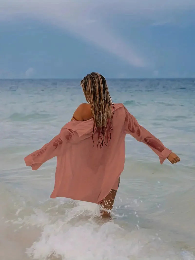 WW | Cover-Up Halbtransparent Langärmelig Leinenhemd Bikini-Bedeckung