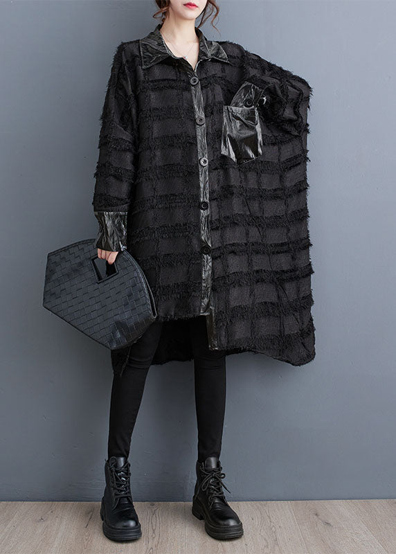 WW | Black Asymmetrical Pocket Patchwork Button Trench Coats