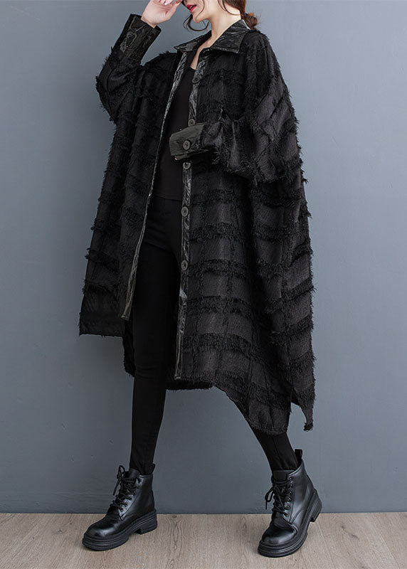 WW | Black Asymmetrical Pocket Patchwork Button Trench Coats