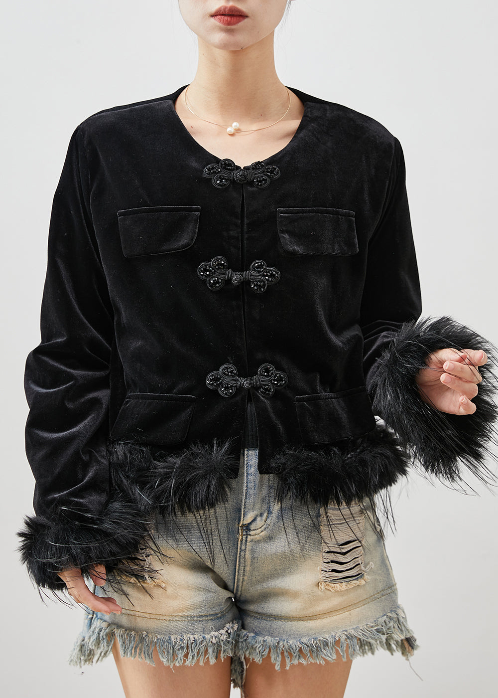 WW | Black Chinese Button Patchwork Feather Silk Velvet Jackets