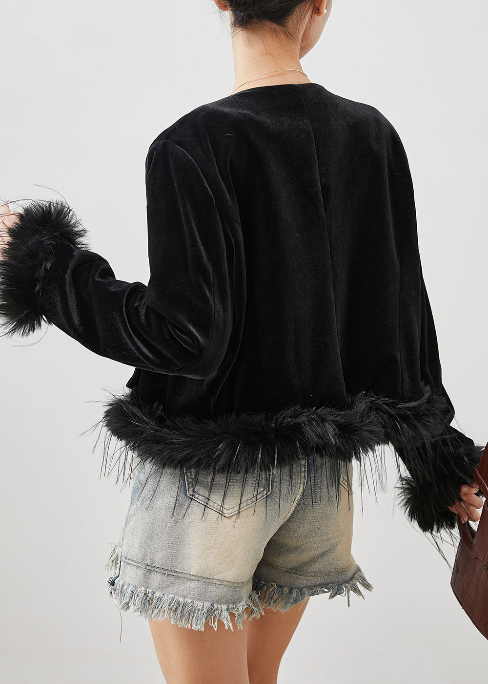WW | Black Chinese Button Patchwork Feather Silk Velvet Jackets