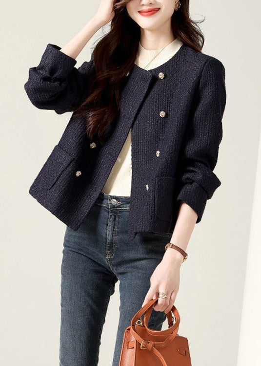 WW | Black O-Neck Double-Breasted Patchwork Cotton Coats