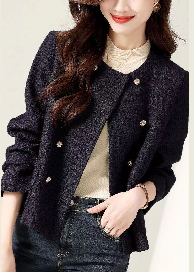 WW | Black O-Neck Double-Breasted Patchwork Cotton Coats
