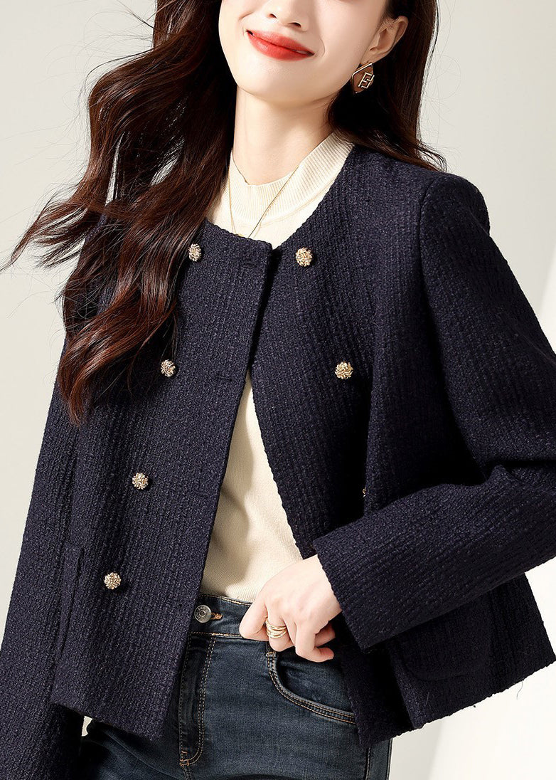 WW | Black O-Neck Double-Breasted Patchwork Cotton Coats