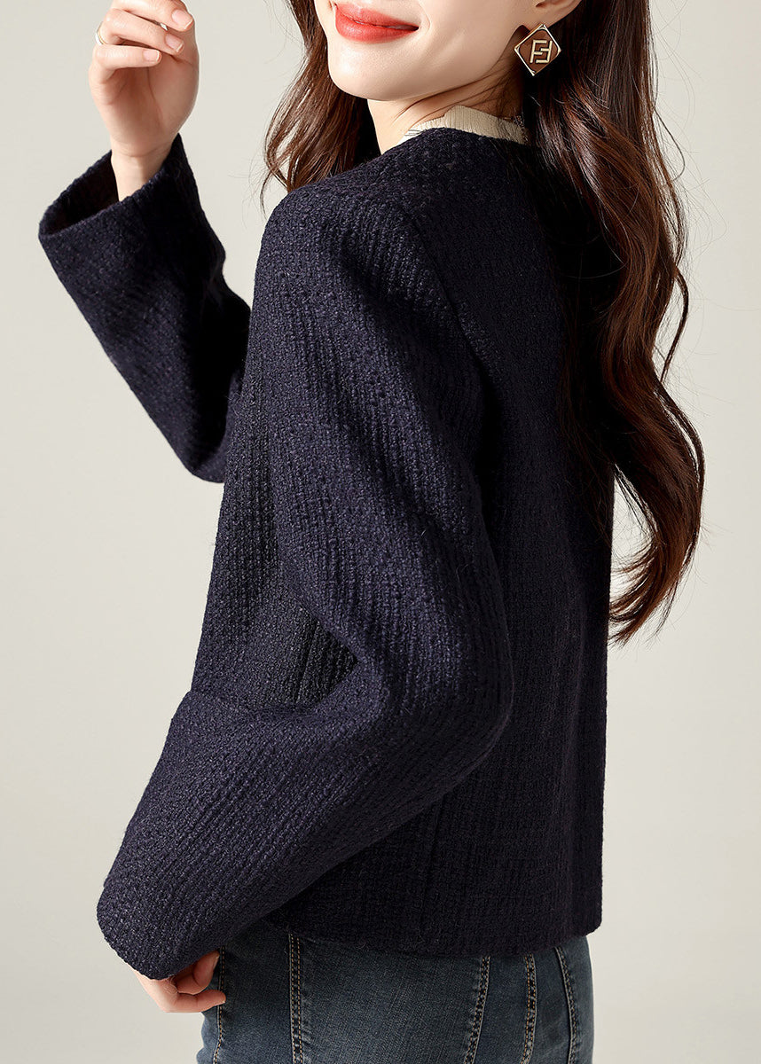 WW | Black O-Neck Double-Breasted Patchwork Cotton Coats