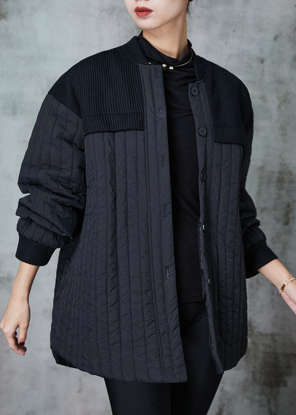 WW | Black Stand-Up Collar Patchwork Fine Cotton Padded Jackets