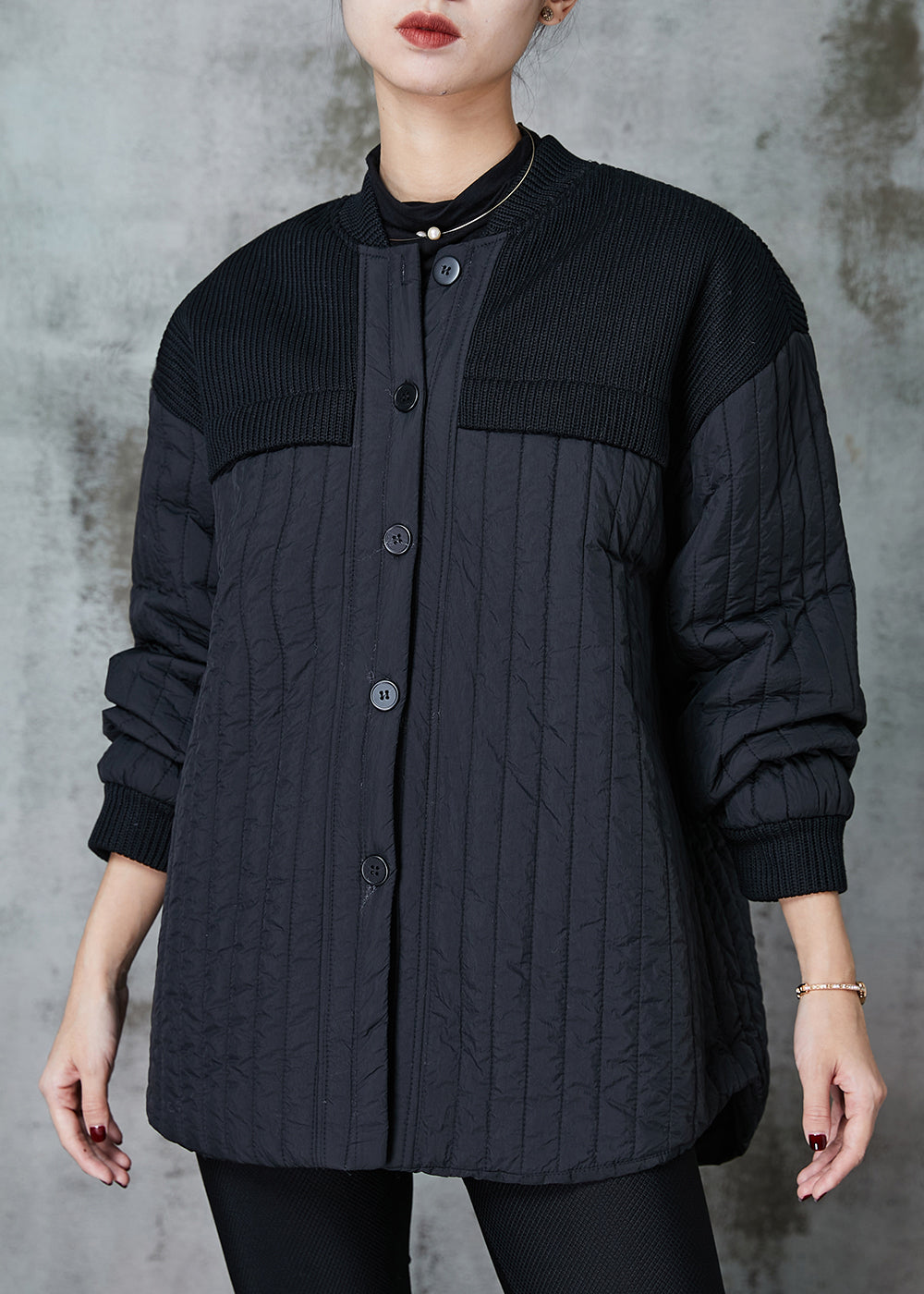 WW | Black Stand-Up Collar Patchwork Fine Cotton Padded Jackets