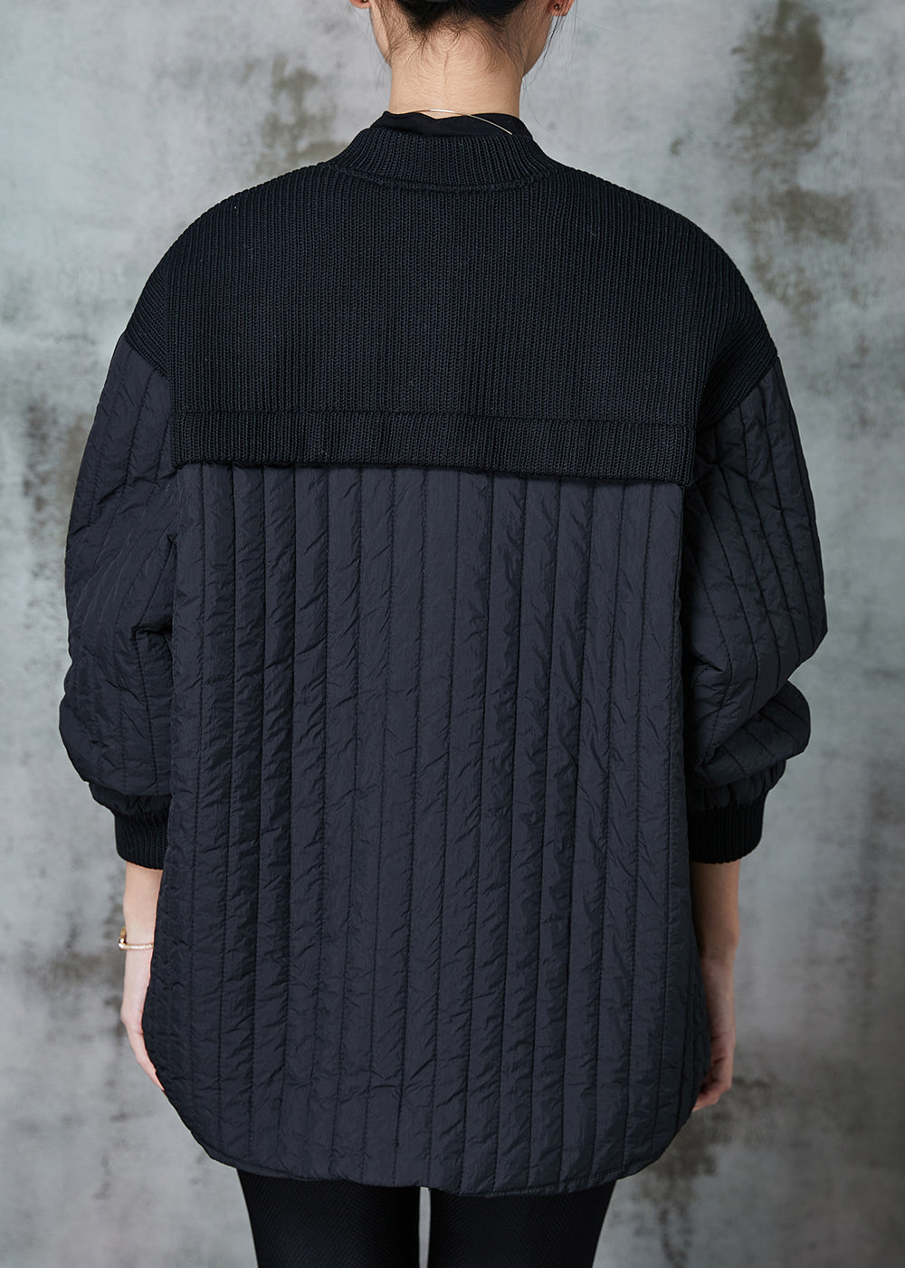 WW | Black Stand-Up Collar Patchwork Fine Cotton Padded Jackets