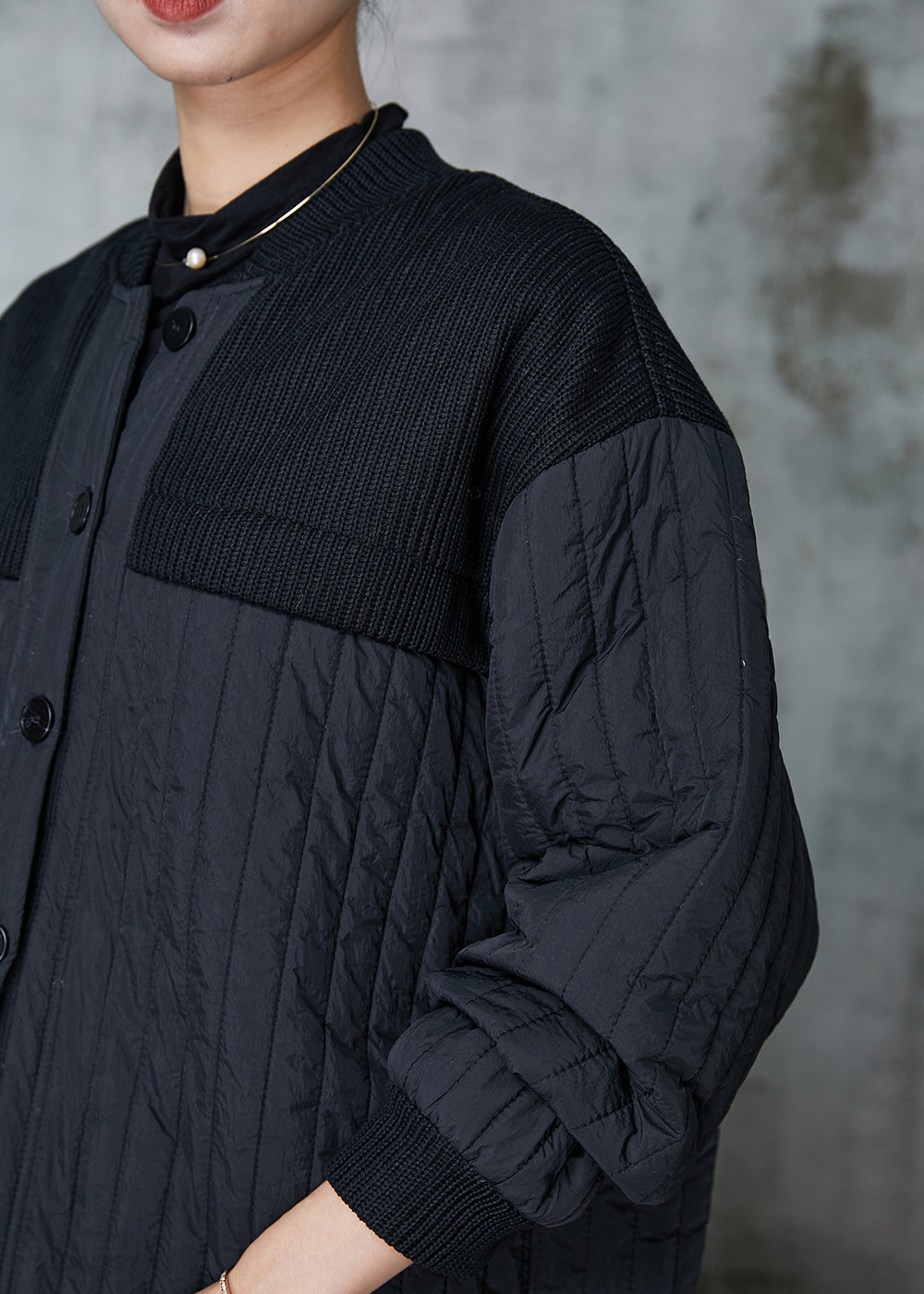 WW | Black Stand-Up Collar Patchwork Fine Cotton Padded Jackets