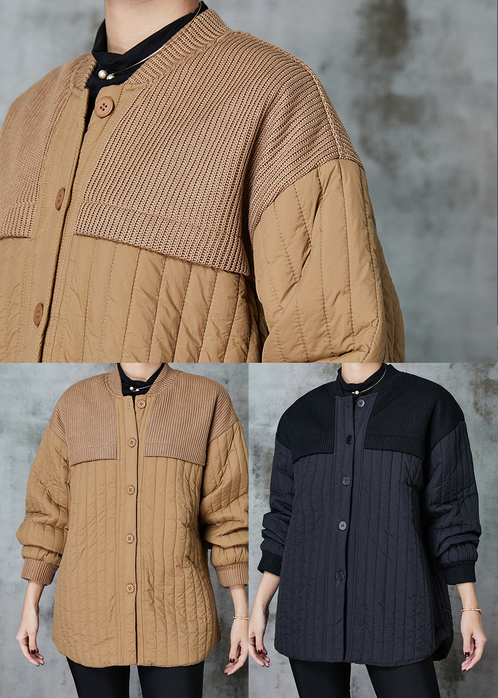 WW | Black Stand-Up Collar Patchwork Fine Cotton Padded Jackets