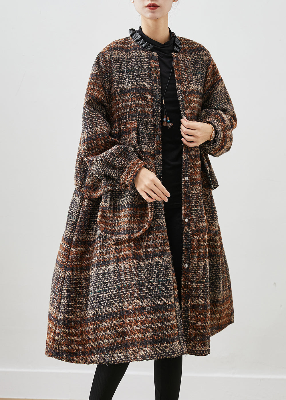WW | Brown Ruffled Pockets Thick Cotton Coats Winter