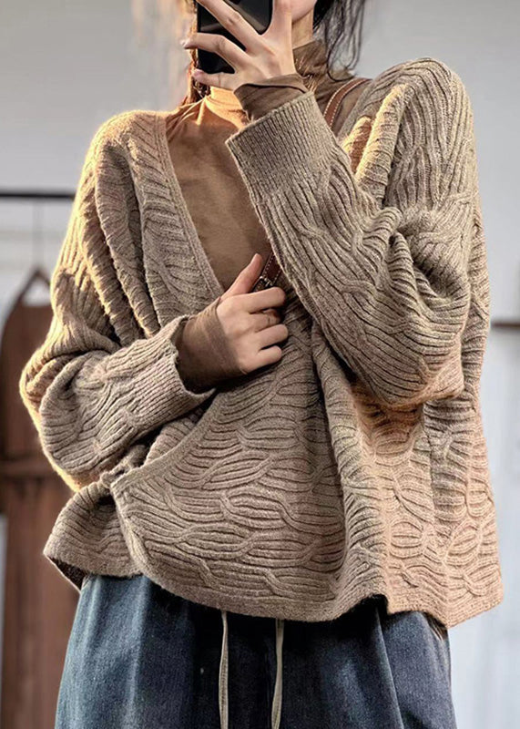 WW | Coffee V-Neck Button Plus Size Cotton Cardigans