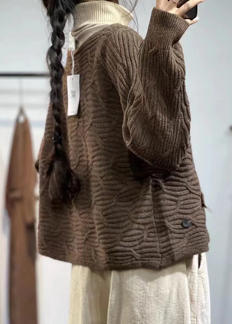 WW | Kaffee V-Ausschnitt Knopf Übergröße Baumwolle Strickmäntel