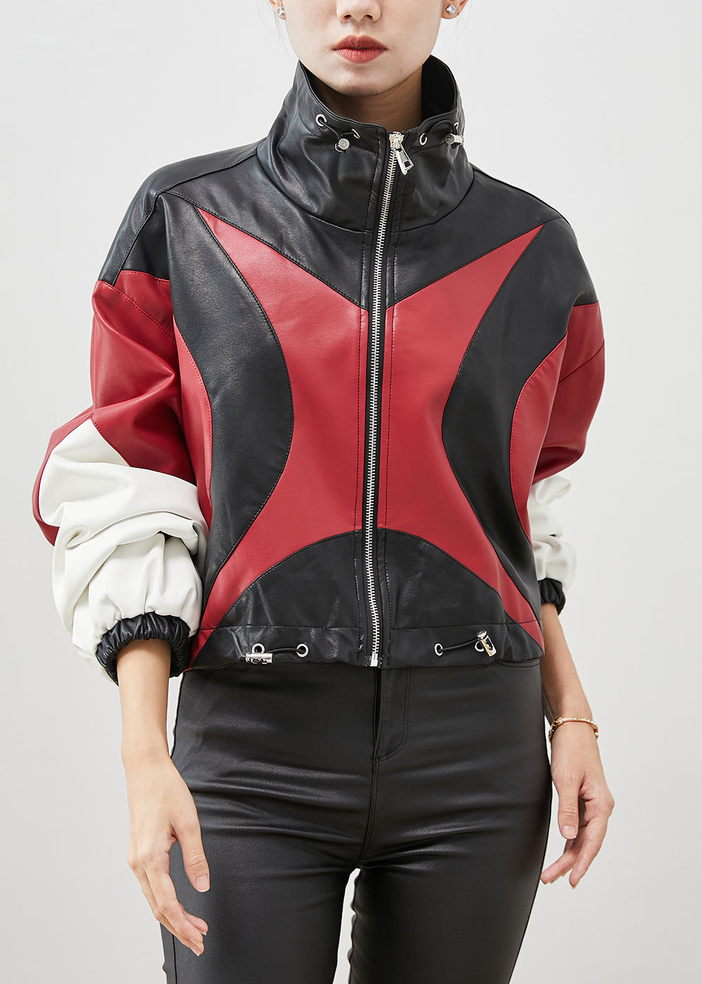 WW | Colorblock Drawstring Patchwork Faux Leather Jackets
