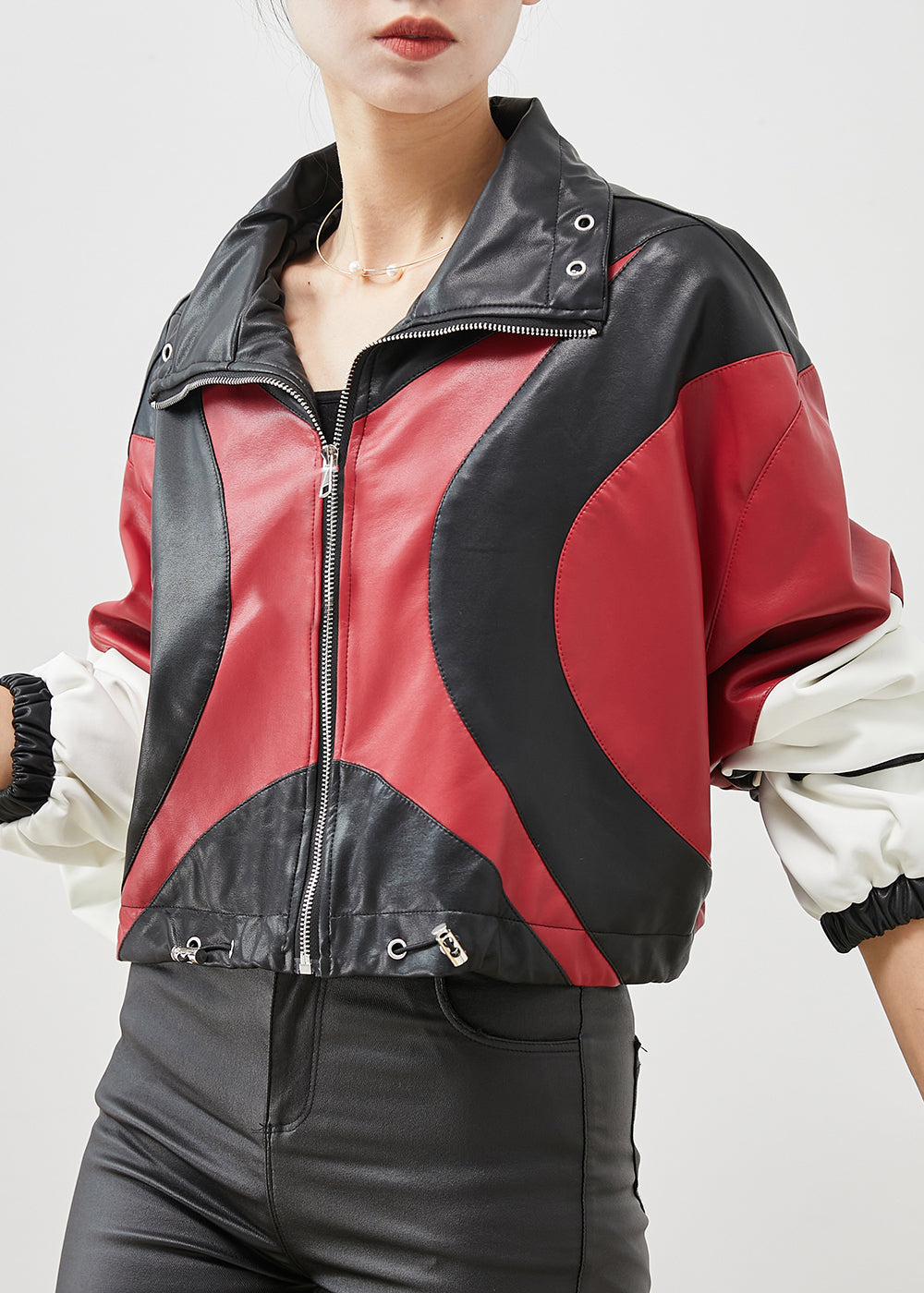 WW | Colorblock Drawstring Patchwork Faux Leather Jackets