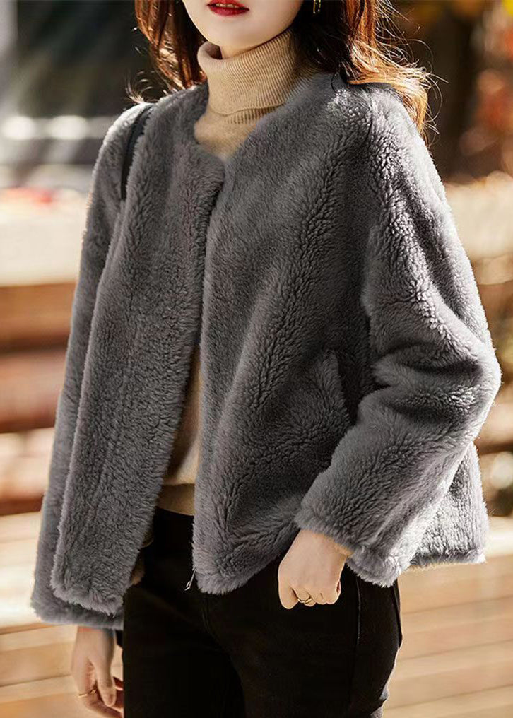 WW | Gray Crew Neck Pockets Patches Wool Jackets Winter