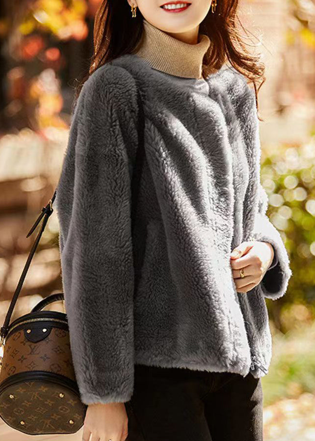 WW | Gray Crew Neck Pockets Patches Wool Jackets Winter