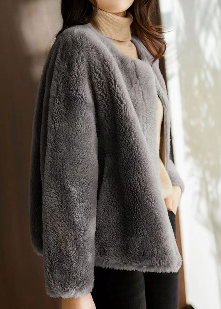 WW | Gray Crew Neck Pockets Patches Wool Jackets Winter