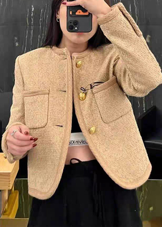 WW | Khaki O Neck Button Patchwork Cotton Coats